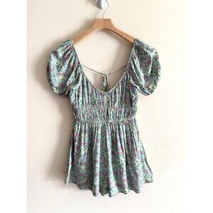 ALTAR'D STATE HAISLEY DOUBLE LAYERED ROMPER DRESS GREEN FLORAL WOMENS S SMALL‎